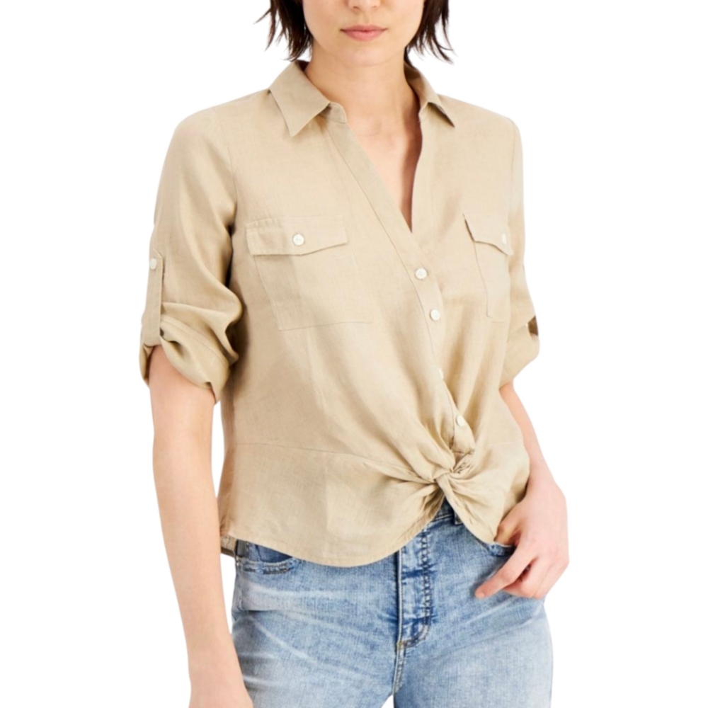 I.N.C. International Concepts Beige Linen-Blend Twist-Hem Shirt Size S